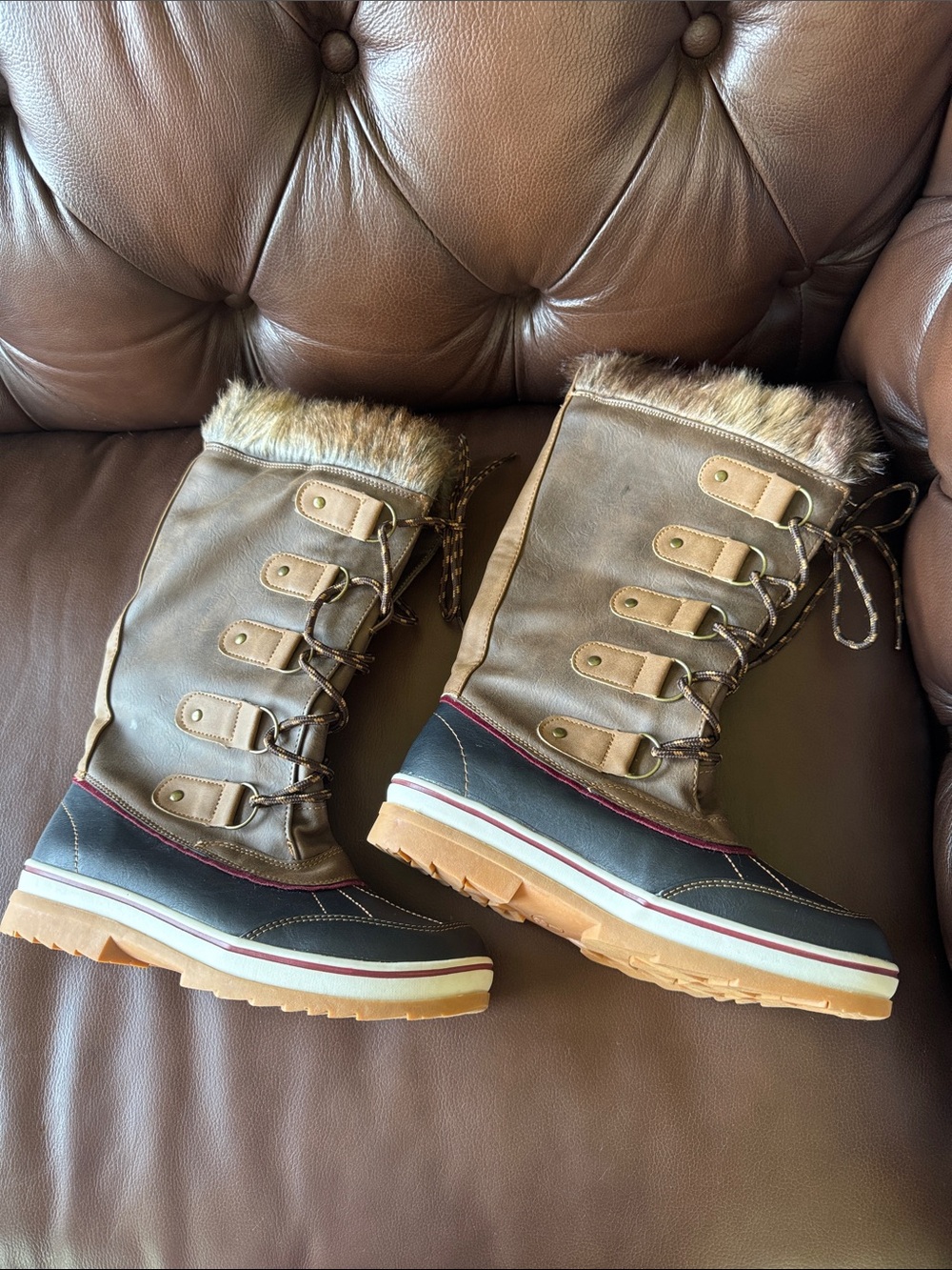 🆕 nwot L8/9 Rue21 ETC Women's Winter Lace-Up Faux Fur Snow Boots - Brown & Blue